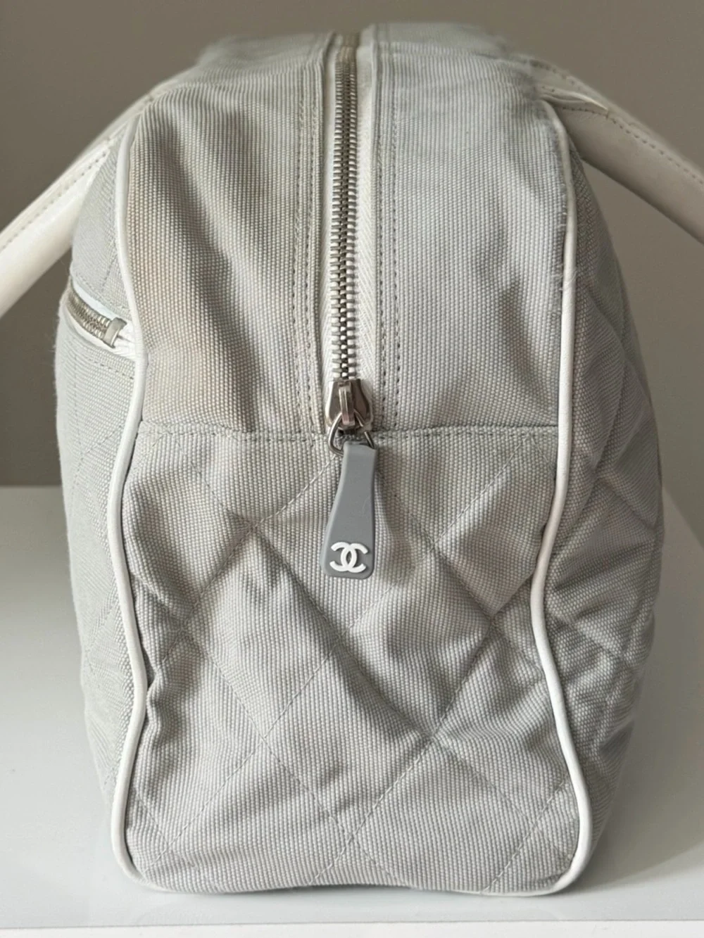 Chanel Sports Line Quilted Logo Bowler Bag Grey Canvas White Leather Trim